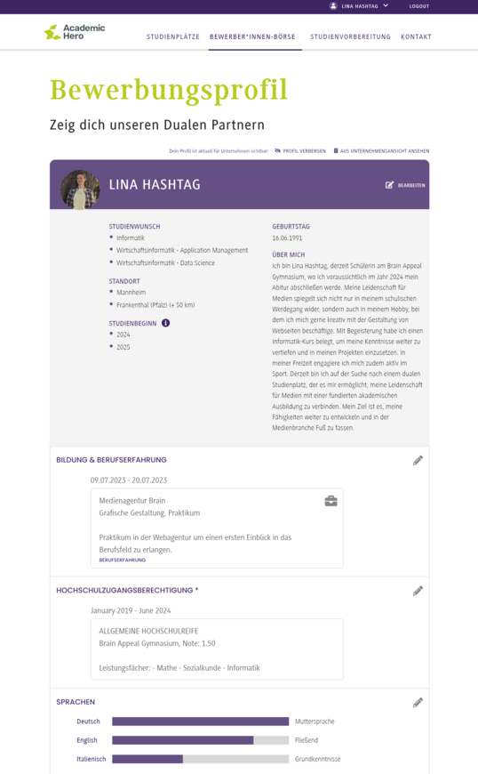 Application profile in Campus Match